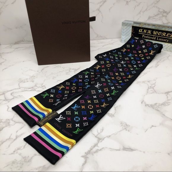 SOLD Louis Vuitton Murakami black multicolored bandeau twilly scarf Rare - Picture 2 of 10